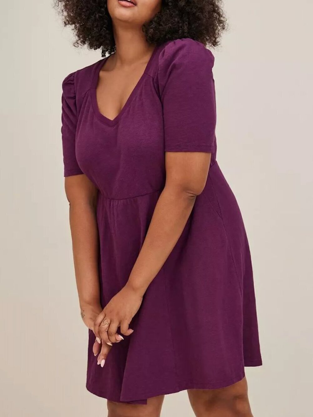 TORRID 2 Plus Size Mini Slub Puff Sleeve Skater Dress Plum Purple Short Sleeve